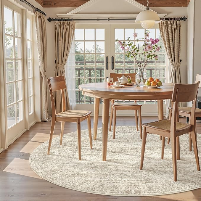 Soalmost 5x5 Beige Round Rug 5ft Living Room Circle Rug Vintage Round Area Rug - Image 9