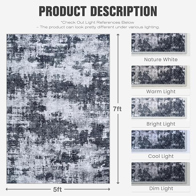 5x7 Area Rugs for Living Room Washable: Abstract Soft Thin Low Pile Black Rug - Image 2
