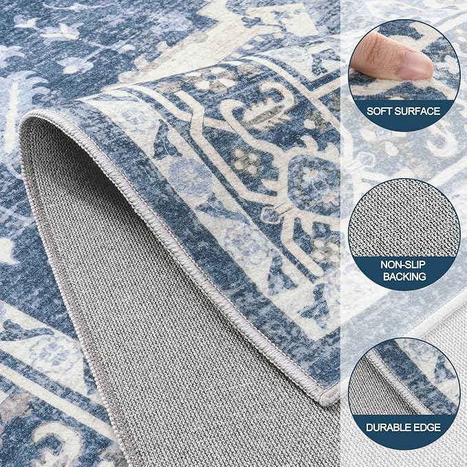 5x7 Area Rugs for Living Room:Blue Washable Vintage Medallion Boho Rug Non-Slip - Image 8