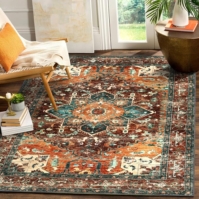 Yamaziot 6x9 Large Area Rug, Non-Slip Washable Boho Vintage Living Room Rug - Image 3
