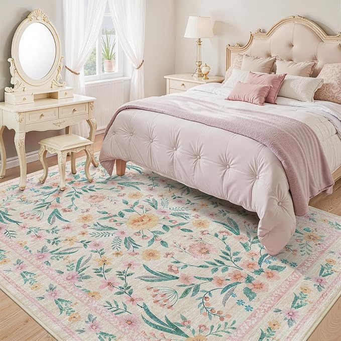 5x8 Pink Floral Nursery Rug – Washable Non-Slip Soft Carpet, Cute Boho Area Rug - Image 2