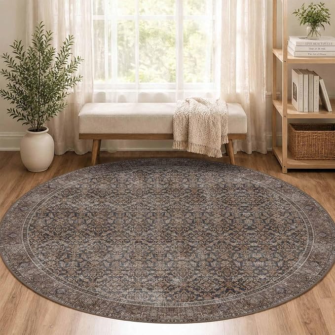 Latte&Fog Round Rug Washable Vintage Non Slip Circle Area Rug | Washable - Image 2