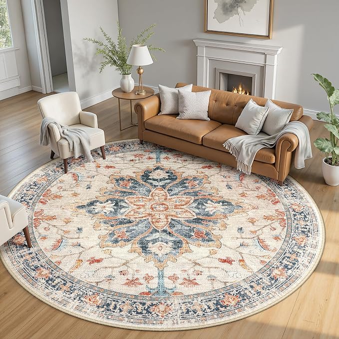RELEANY 8ft Round Rug, Area Rugs 8ft, Washable Rug, Rugs by RELEANY