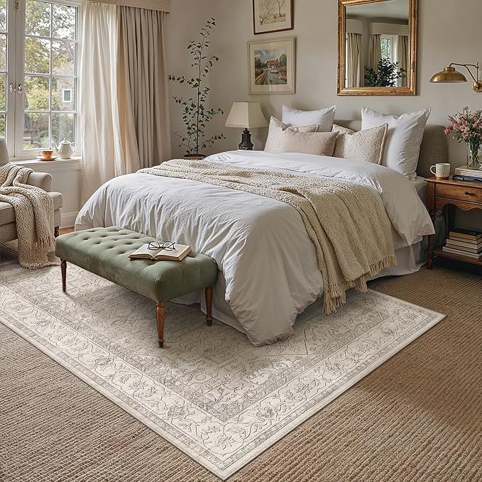 8x10 Washable Vintage Area Rug Beige Oriental Living Room Bedroom Throw Rug - Image 3