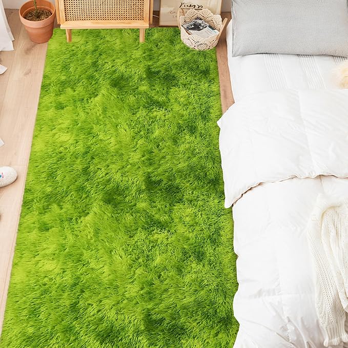 Grass Green Tie-Dyed Rug 3x10 ft Plush High Pile Shag Carpet Fluffy Soft Runner - Image 2