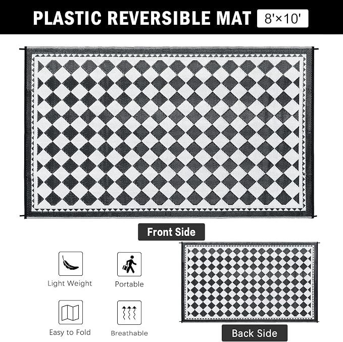 HUGEAR Outdoor Waterproof Rug 8'x10' Plastic Straw Rugs Washable Reversible - Image 2