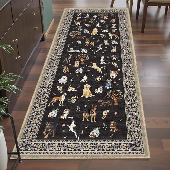 Black Floral Dog Rug Runner, 2x5 Washable Kitchen Mat Ultra-Thin Soft, Non-Slip - Image 4