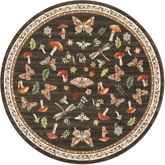 Mushroom Insect 5ft Round Rug Washable Non-Slip Soft Ultra-Thin Small Boho - Image 5