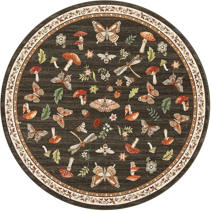 Mushroom Insect 7ft Round Rug Washable Non-Slip Soft Ultra-Thin Large Boho - Image 3