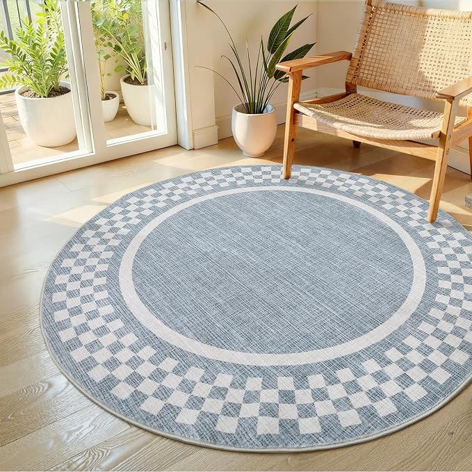 4ft Washable Round Rug for Entryway Modern Checkered Bedroom Circle Rug Non - Image 8