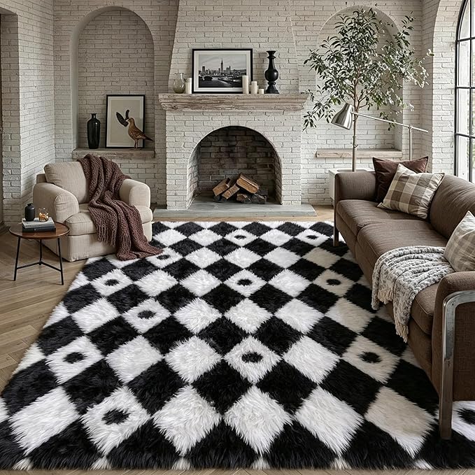 PureCozy Checkered Rug 8x10 Fluffy Shag Living Room Black and White Area Rug by PureCozy
