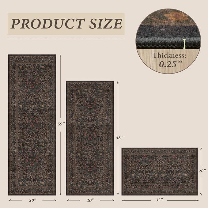 Taupe Brown Kitchen Rug Set of 3, Washable Non-Slip Mats - Image 2