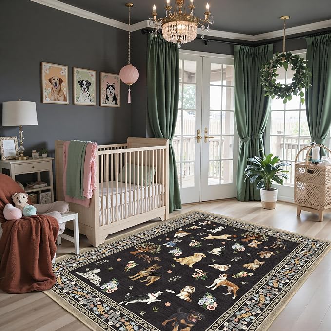 Area Rug 4x6 Black Dog Rug, Washable Rugs Non Slip Low Pile Floral Dog Small by WelcometoBabovid