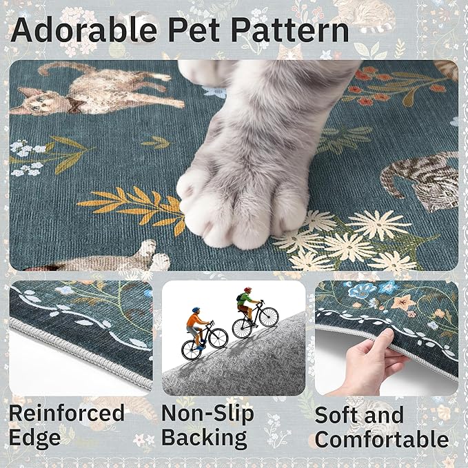 Soalmost Cat 4x6 Area Rugs, Machine Washable Animal Floral Accent Rug Non-Slip - Image 7