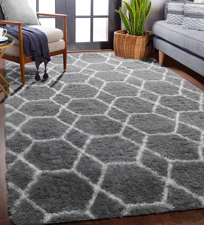 ONASAR Area Rugs for Living Room Bedroom, 5x8 Fluffy Grey and White Rug by ONASAR