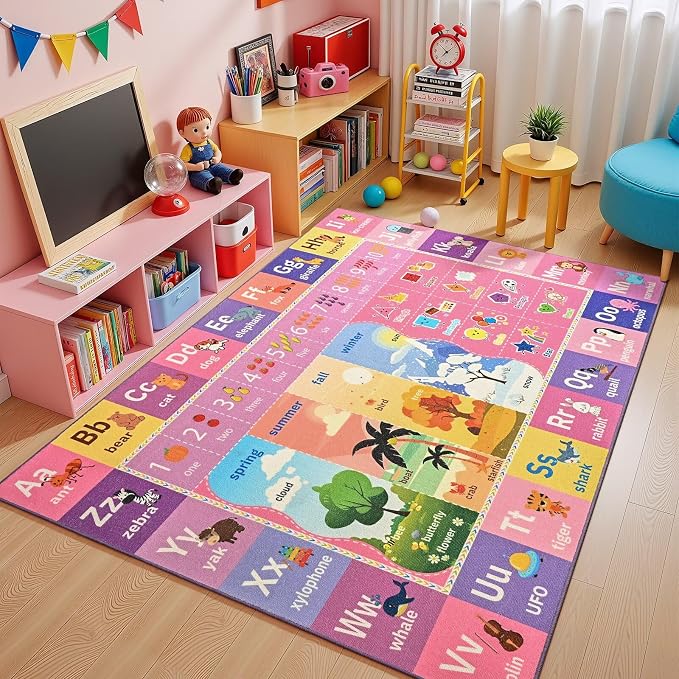 Macgace ABC Kids Rug for Playroom, 3x5 Pink Purple Washable Classroom Area Rugs by Macgace