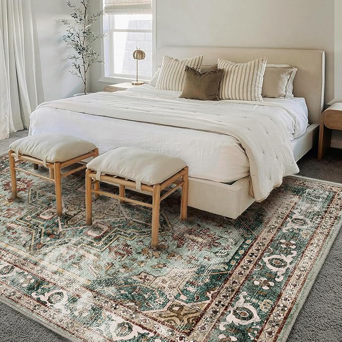 CHAMPLANT Washable Area Rug 5'x7' Green Retro Boho Chic Medallion Distressed - Image 2