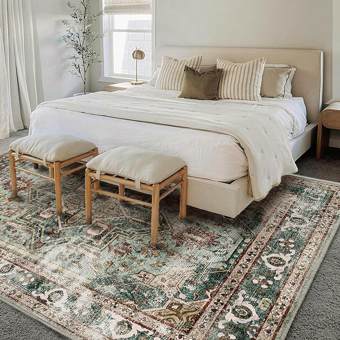 CHAMPLANT Green Area Rug 10'x14' Washable Vintage Traditional Mat Distressed - Image 2