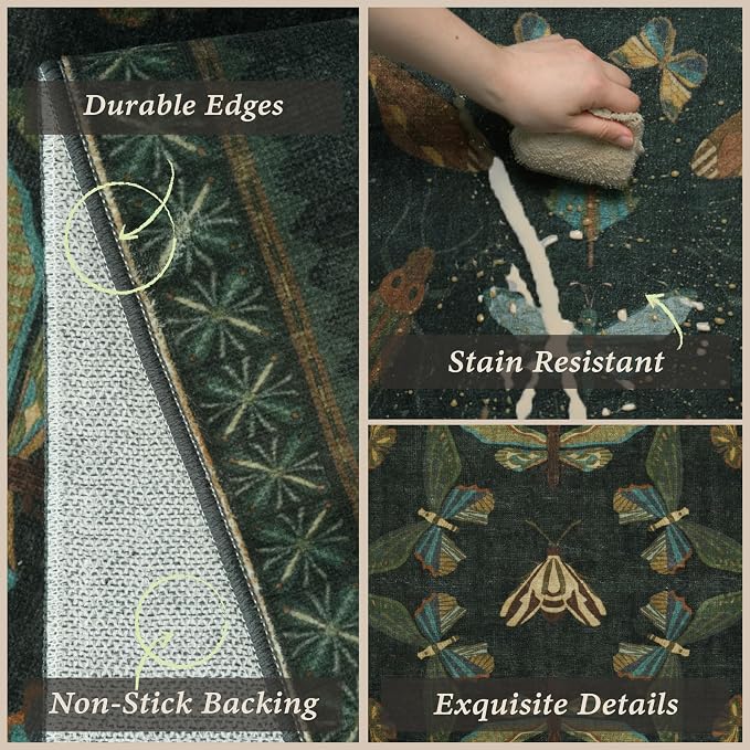 JTJ Botanical Insect Kitchen Rug Set of 3, Dark Green Nature Inspired Floor Mats - Image 3