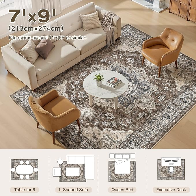 7x9 Area Rugs Living Room: Washable Vintage Rug Large Non-Slip Stain Resistant - Image 7