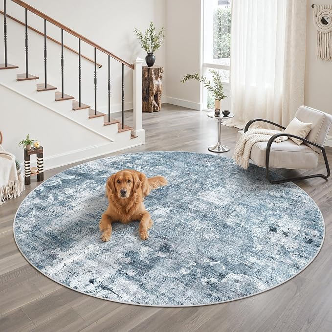 Soalmost 8x8 Blue/Grey Round Rug 8ft Living Room Circle Rug Vintage Round Area - Image 2
