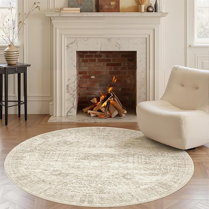 Soalmost 5x5 Beige Round Rug 5ft Living Room Circle Rug Vintage Round Area Rug by Soalmost