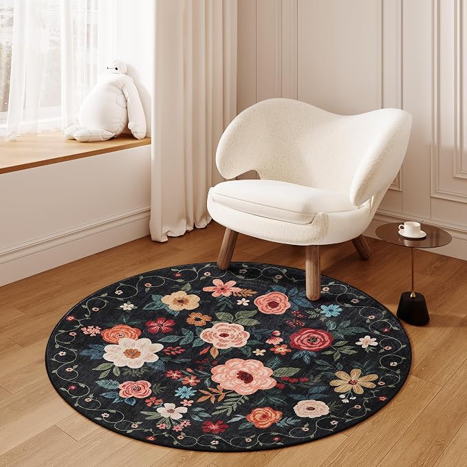 DUKINO Floral Round Rug, 4ft Washable Round Area Rug, Non Slip Indoor Low Pile - Image 8