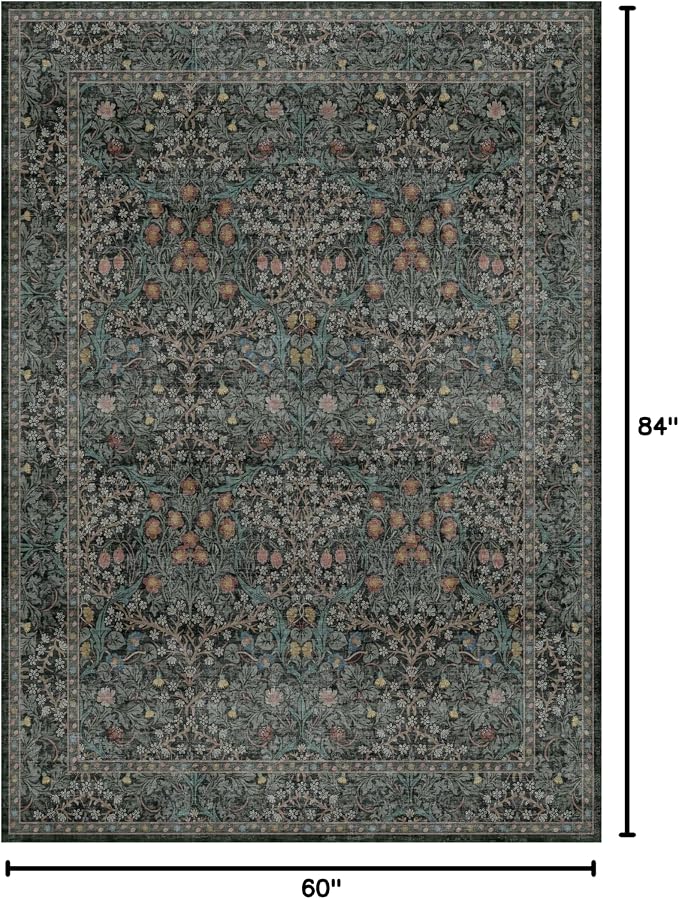 Dark Green Floral Living Room Rug 5x7 Area Rug - Image 2