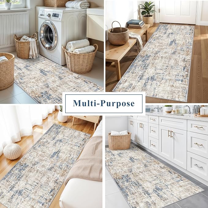 3x8 Washable Non-Slip Runner Rug Modern Abstract Neutral Wide Carpet Runner - Image 4