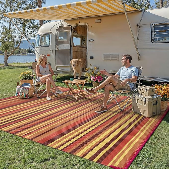 Outdoor Plastic Straw Rug Waterproof Patio 9x12 Red Orange Stripe Mat - Image 3