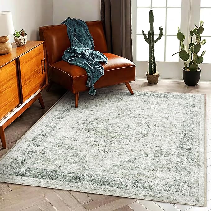 CHAMPLANT Area Rug 5'x7' Washable Rug Floral Green Vintage Traditional Floor - Image 2
