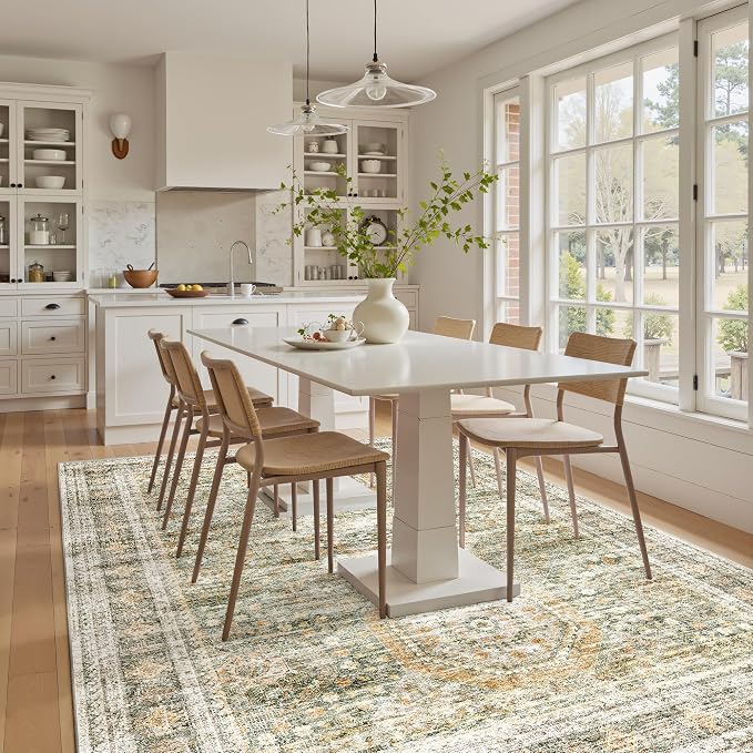 Soalmost 5x7 Area Rugs Green Orange Low Pile Indoor Washable Trendy Faded Style - Image 3