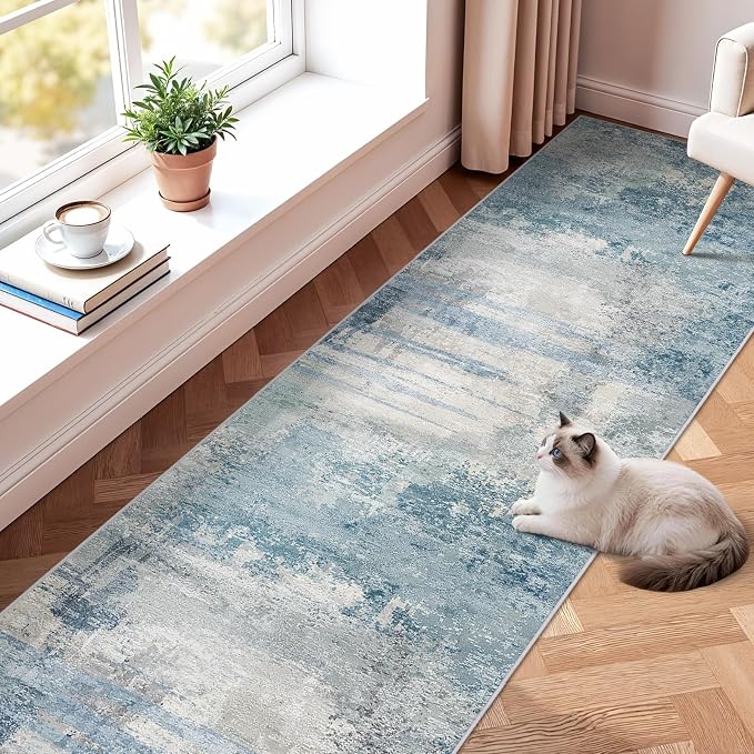 2.6x14 Extra Long Runner Rug Grey Abstract: Washable Non-Slip Carpet - Image 4
