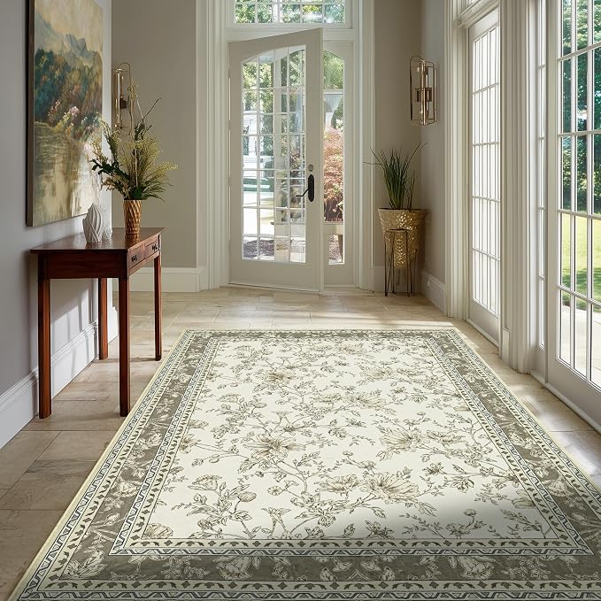 Floral Boho Rug 4x6 Washable Non Slip Area Rug Bohemian Carpet Door Mat Taupe by BILEEHOME