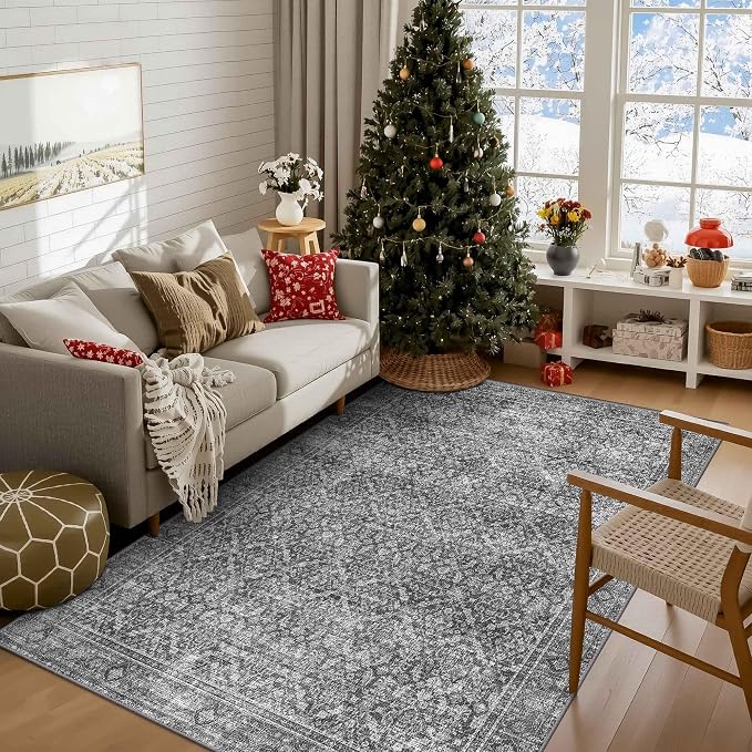 Latte&Fog 4x6 Rug for Living Room, Vintage Grey Washable Area Rug, Boho Floral - Image 4
