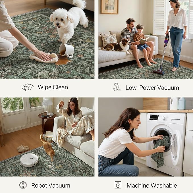 GENIMO 6x9 Washable Area Rug, Non-Slip Vintage Boho Floral Carpet, Soft - Image 7