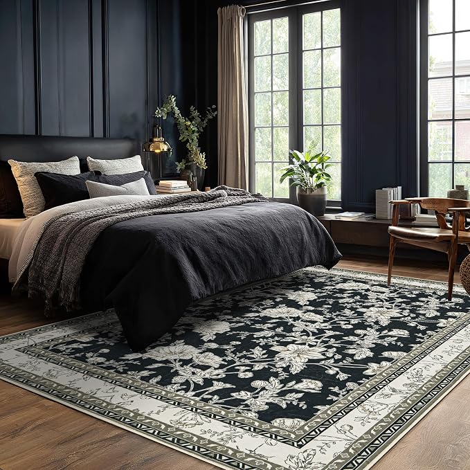 Black Floral Area Rugs 6x9 Living Room, Vintage Modern Farmhouse Boho Indoor - Image 6