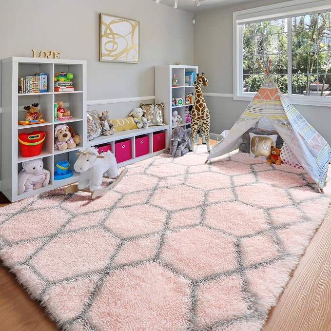 ONASAR Rugs for Living Room Bedroom, 5x8 Fluffy Pink and Grey Area Rug - Image 7
