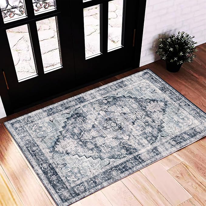 CHAMPLANT 2'x3' Dark Blue Area Rug Washable Door Mat Vintage Distressed Doormat by CHAMPLANT