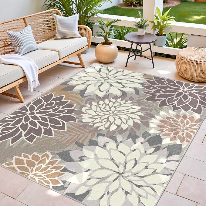 9x12 Outdoor Area Rug Washable Multicolored Patio Rug Tropical Botanical Floral - Image 3