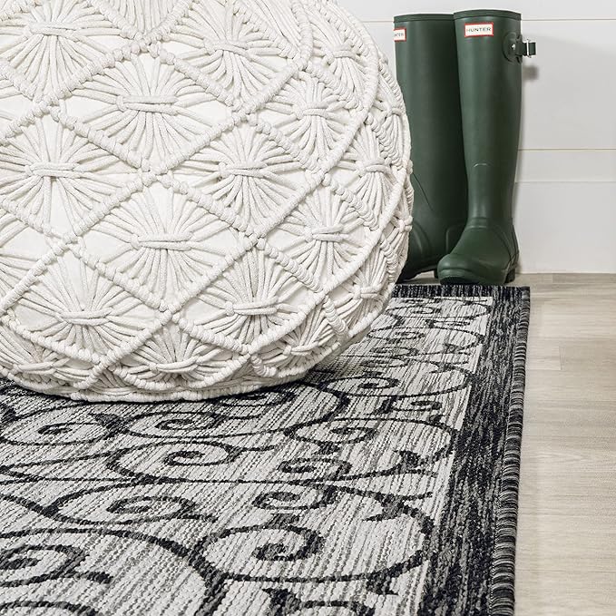 JONATHAN Y Vintage Filigree Indoor Outdoor Round Area Rug 8 Ft Light Gray/Black - Image 7