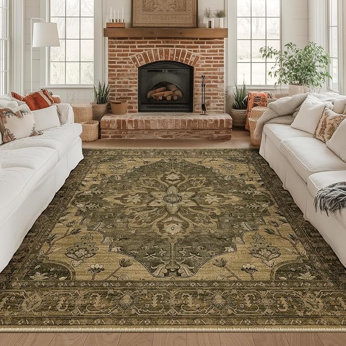 RELEANY Area Rugs Square 8ft Washable Non-Slip, Floral Vintage Distress by RELEANY