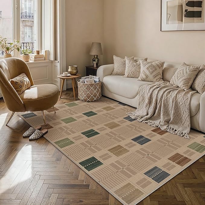 HUGEAR 5x8 Jute Outdoor Indoor Checkered Rug Washable Linen Textured Weave High by HUGEAR