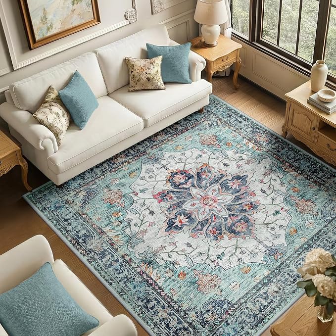 RELEANY Area Rugs Square 6ft Washable Non-Slip, Floral Vintage Distress by RELEANY