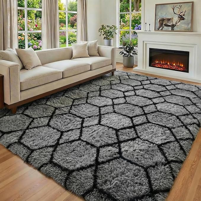 ONASAR 7x9 Area Rugs for Living Room Bedroom, Large Fluffy Grey and Black Throw - Image 5