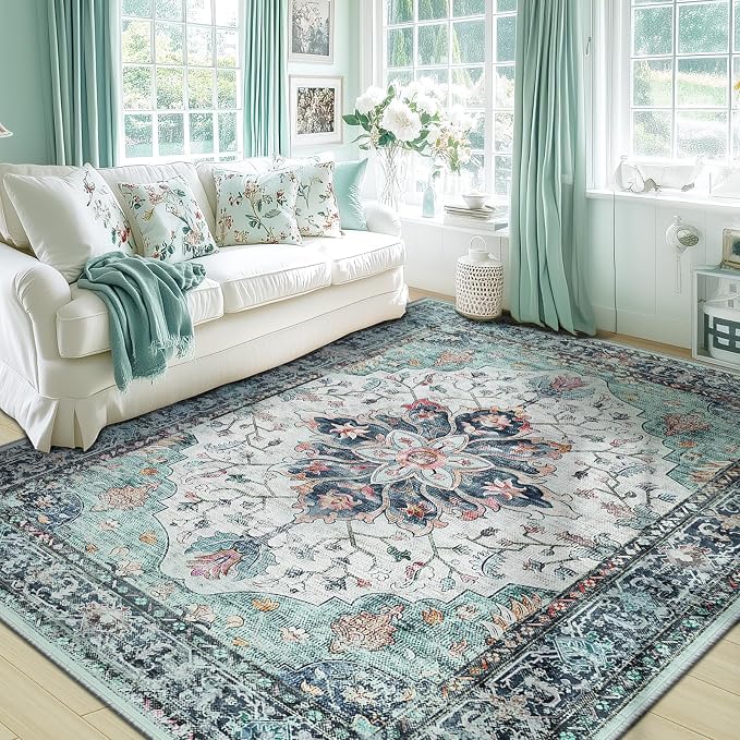RELEANY Area Rugs 6'x9' Washable Non-Slip, Floral Vintage Distress Medallion - Image 2