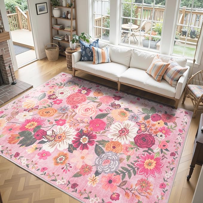 Pink Area Rugs 10x14 for Living Room, Non Slip Machine Washable Floral Rugs - Image 4