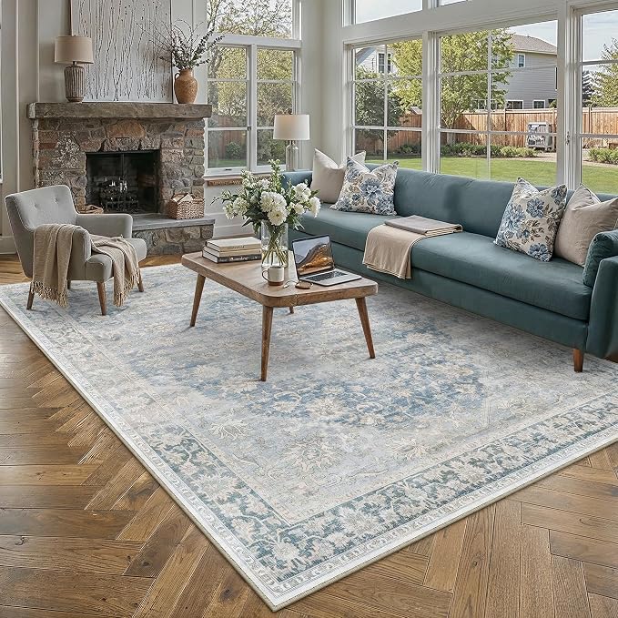 9x12 Neutral Area Rug Blue Vintage Living Room Bedroom Washable Carpet Non-Slip - Image 4