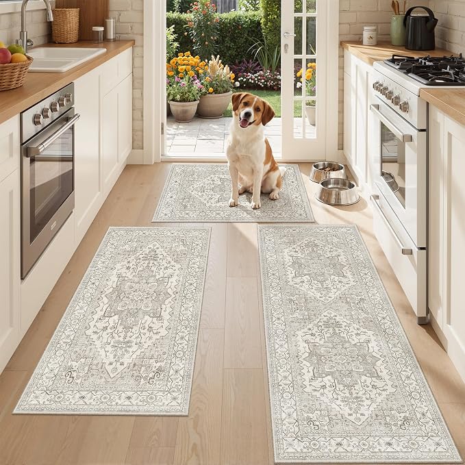 Madane Washable Kitchen Rug Set of 3, Small Area Rug Non-Slip Vintage Entryway by Madane
