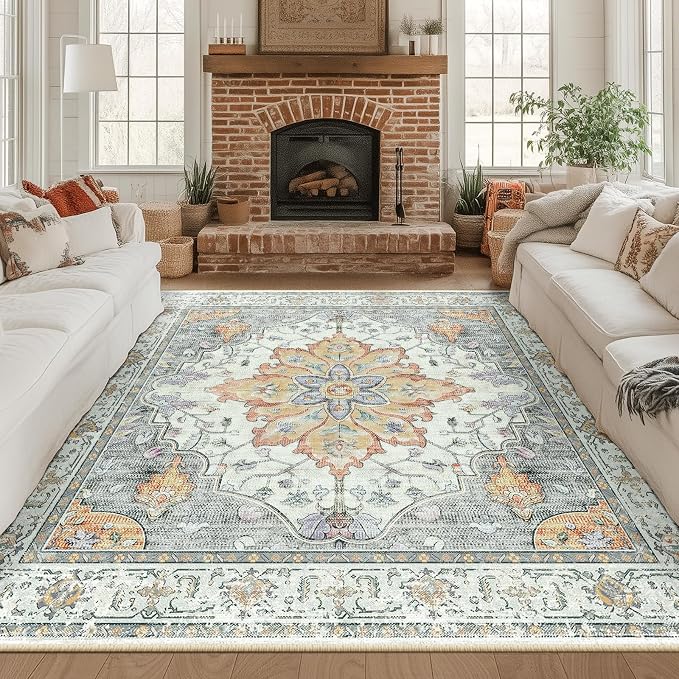 RELEANY Area Rugs Square 8ft Washable Non-Slip, Floral Vintage Distress by RELEANY